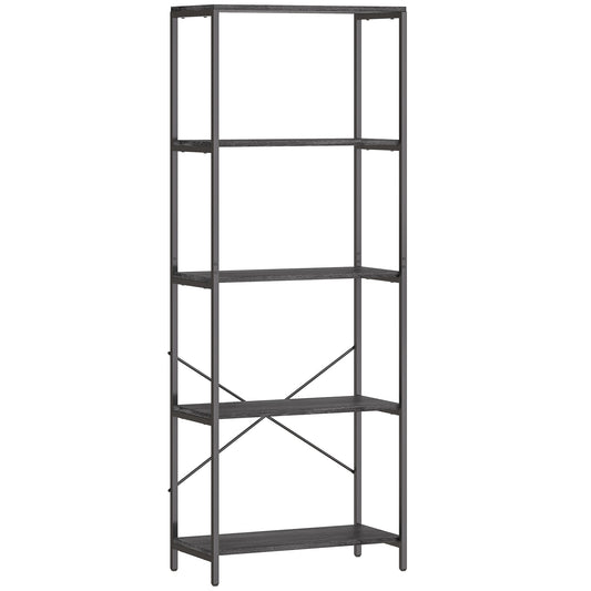 HOMCOM 5-Tier Bookshelf, Industrial Bookcase with Metal Frame - Dark Grey and Black