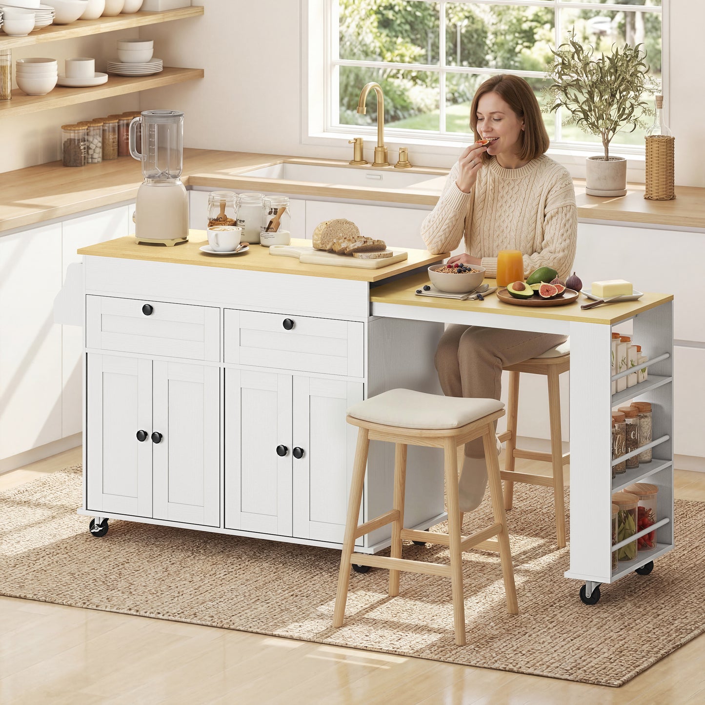 HOMCOM Rolling Kitchen with Expandable Top, Kitchen Island on Wheels with USB Ports & Power Outlets, Storage, White