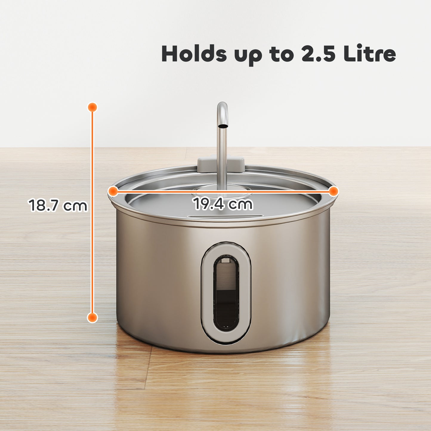 PawHut 2.5L Stainless Steel Cat Water Fountain for Drinking with Ultra-Silent Pump, Water-Level Window, Filters