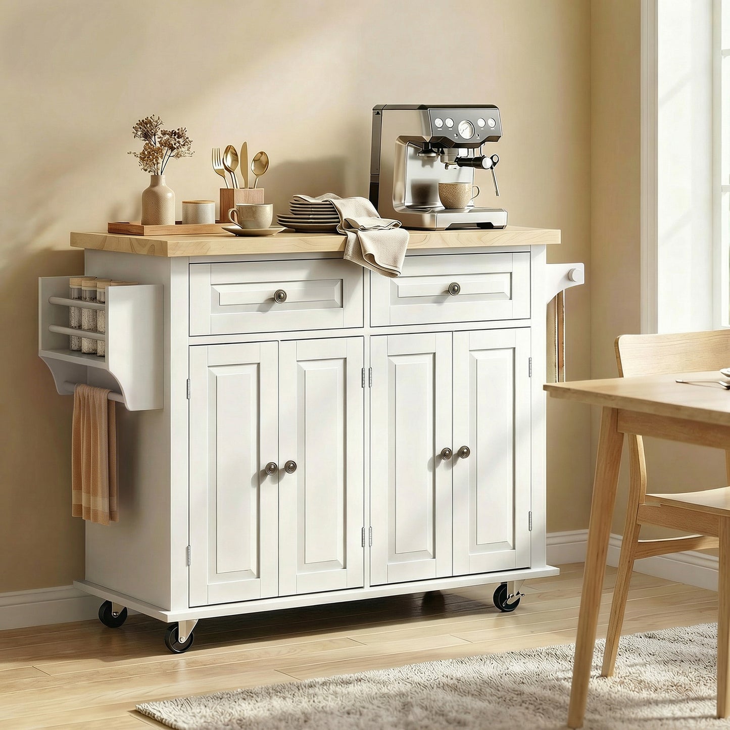 HOMCOM Kitchen Island on Wheels, Rolling Kitchen Storage Trolley with Rubber Wood Top, Drawers, Adjustable Shelves, Cream White