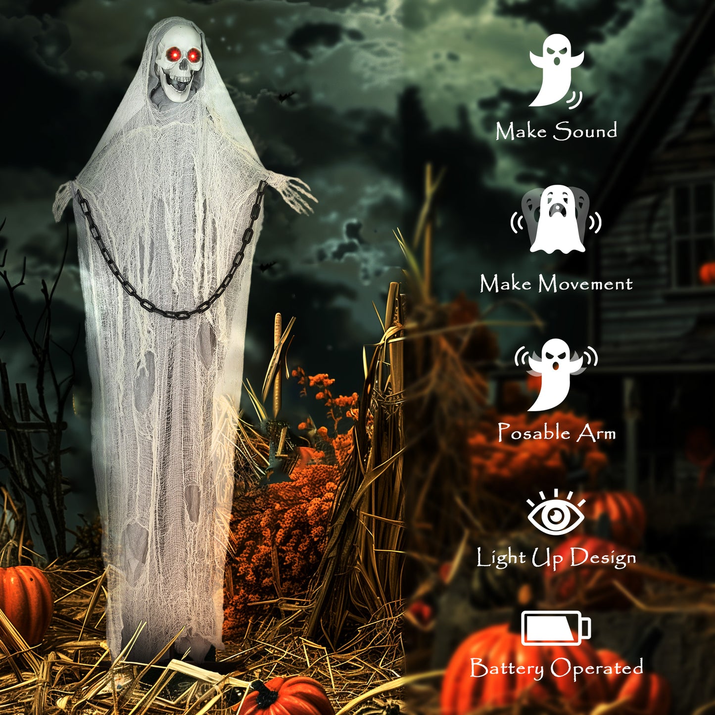 Outsunny 183 cm Life Size Animated Skeleton Grim Reaper with Glowing LED Eyes, Scary Halloween Decorations, Battery Operated, Indoor Props