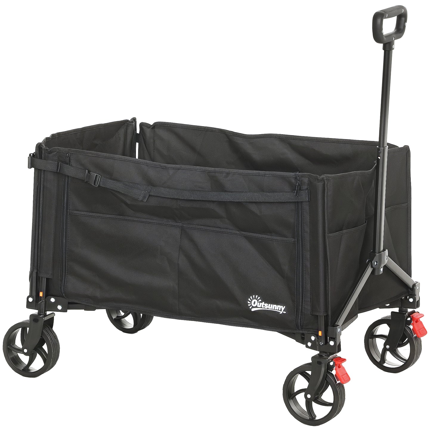 Outsunny Folding Trolley, 150L Collapsible Wagon with Openable Sides, Adjustable Handle, Brakes for Shopping, Camping, Beach, Garden, Black