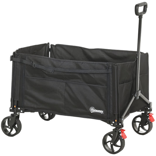 Outsunny Folding Trolley, 150L Collapsible Wagon with Openable Sides, Adjustable Handle, Brakes for Shopping, Camping, Beach, Garden, Black