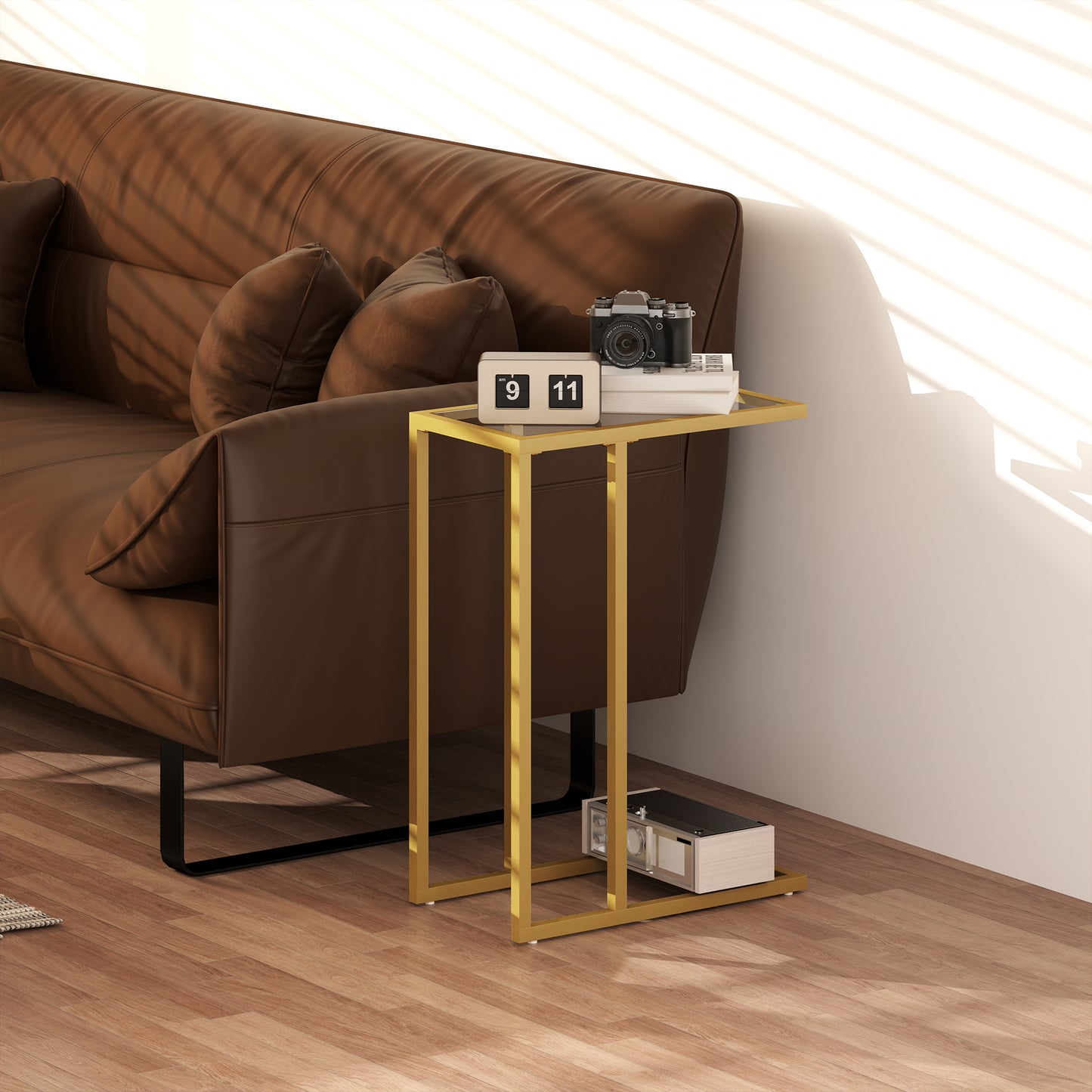 HOMCOM C-Shaped Bedside Table, Modern Side Table with Tempered Glass Tabletop, Steel Frame for Small Space, Living Room, Bedroom, Gold Tone