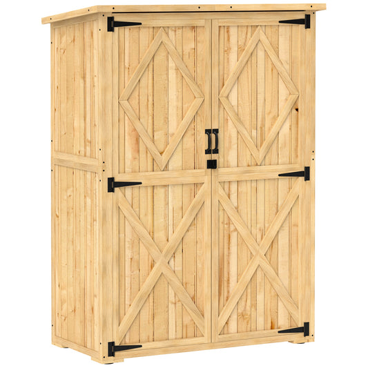 Outsunny Wooden Garden Storage Shed, Tool Cabinet with Asphalt Roof & 2 Shelves for Tools, Equipment, Double Doors, Natural