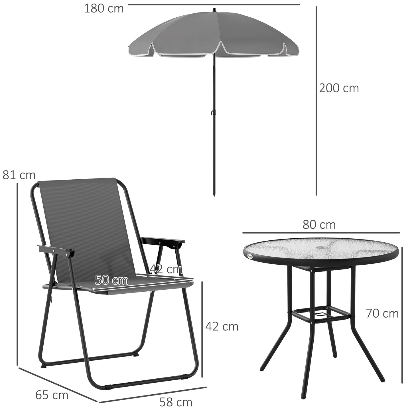 Outsunny 4 Seater Garden Dining Set, 6 Pieces: Folding Chairs, Round Glass Table, Parasol, Grey