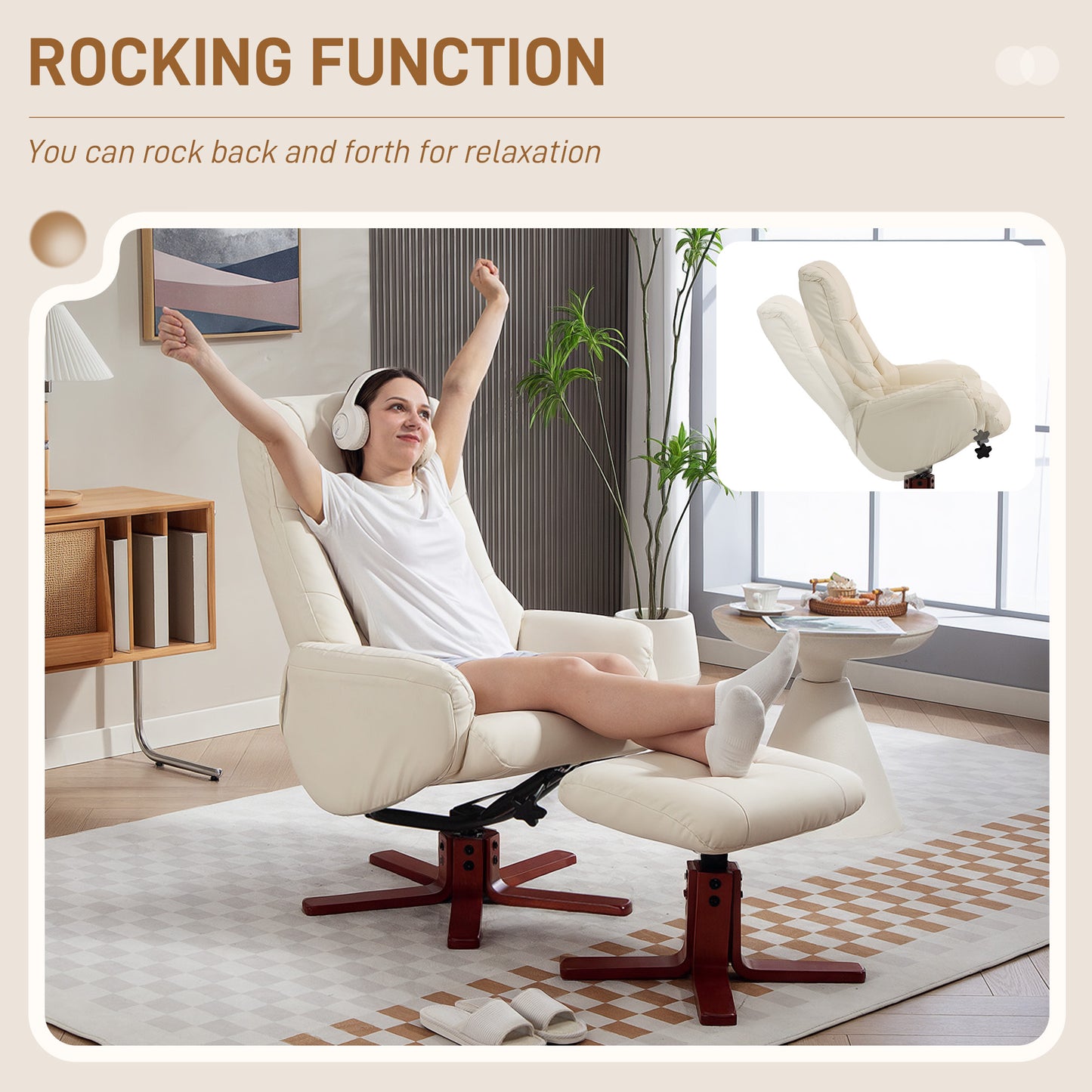 HOMCOM Rocking Recliner Chair with Footstool, PU Leather Armchair, Wood Base, Upholstered Recliner for Living Room Bedroom, Cream