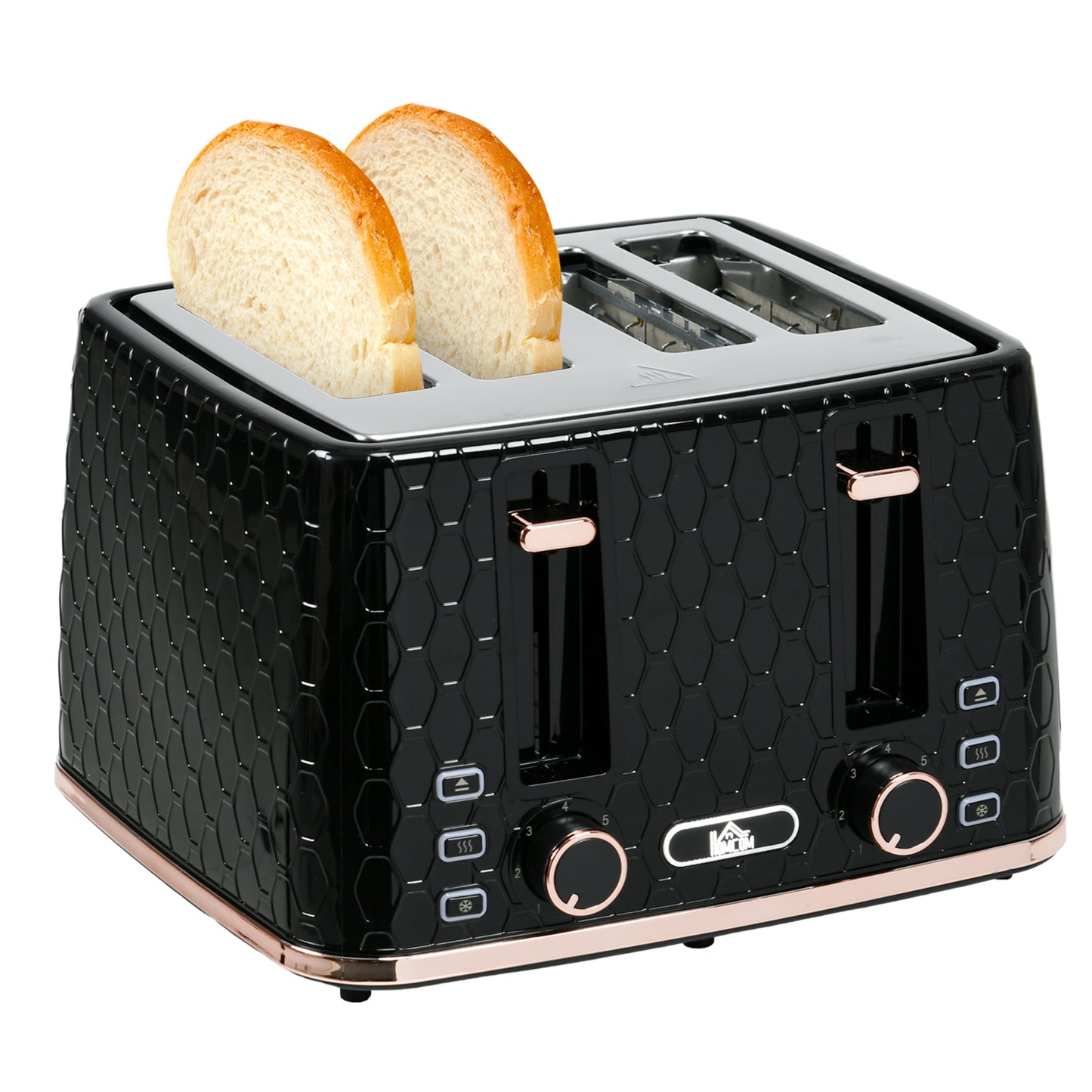 HOMCOM 4 Slice Toaster with 7 Browning Levels 1600W, Black Honeycomb Texture