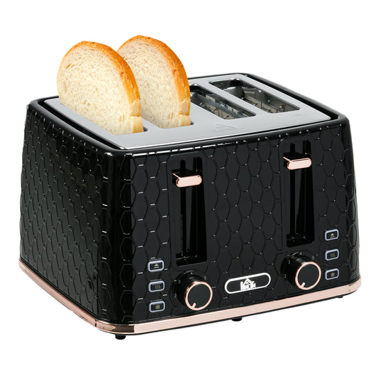 HOMCOM 4 Slice Toaster with 7 Browning Levels 1600W, Black Honeycomb Texture