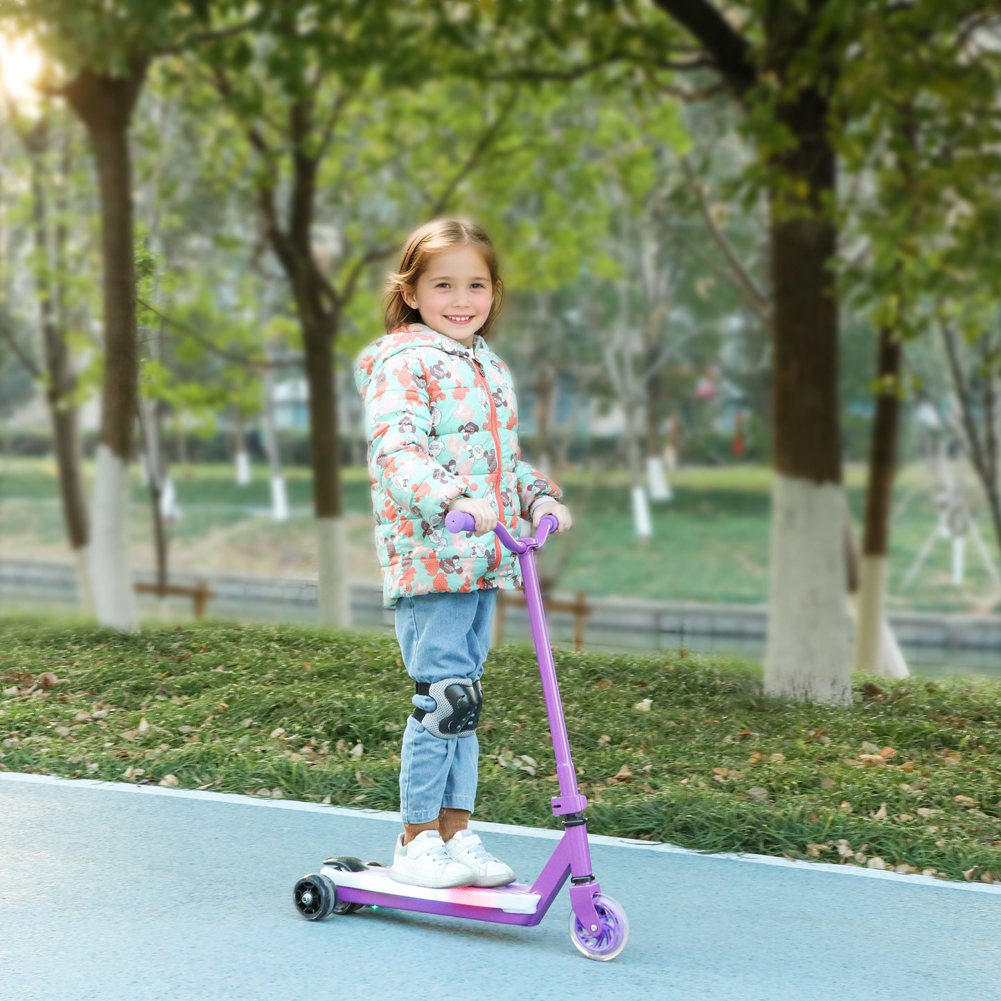 AIYAPLAY Electric Scooter for Kids Ages 4-7, Aux Rear Wheels, LED Light, Electric Brake, 6 KM/H, 8 KM, for Boys & Girls, Purple