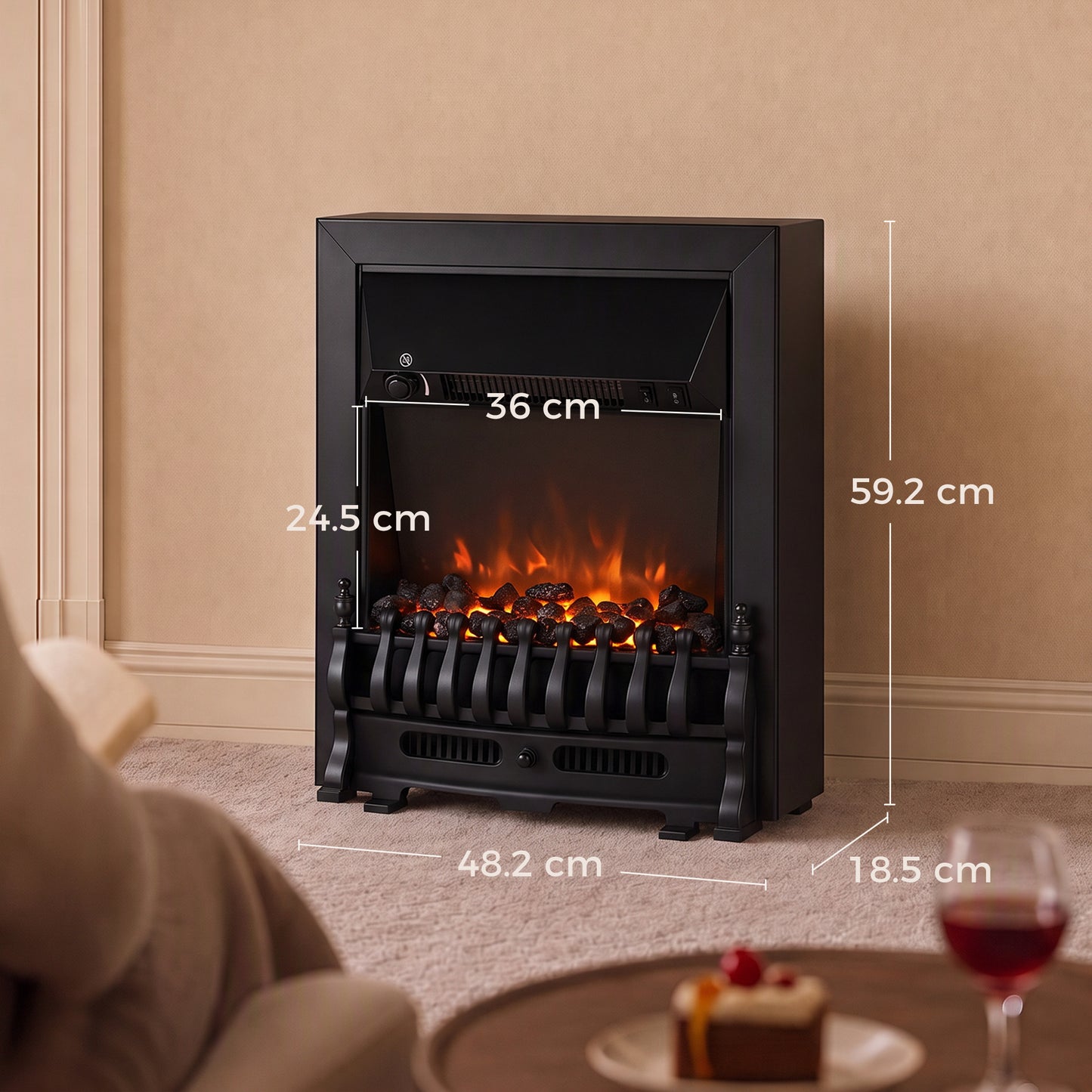 HOMCOM Electric Fireplace Stove Freestanding/ Inset, 1000W/2000W, Electric Fire Heater with LED Flame Effect, Coal Logs, Black
