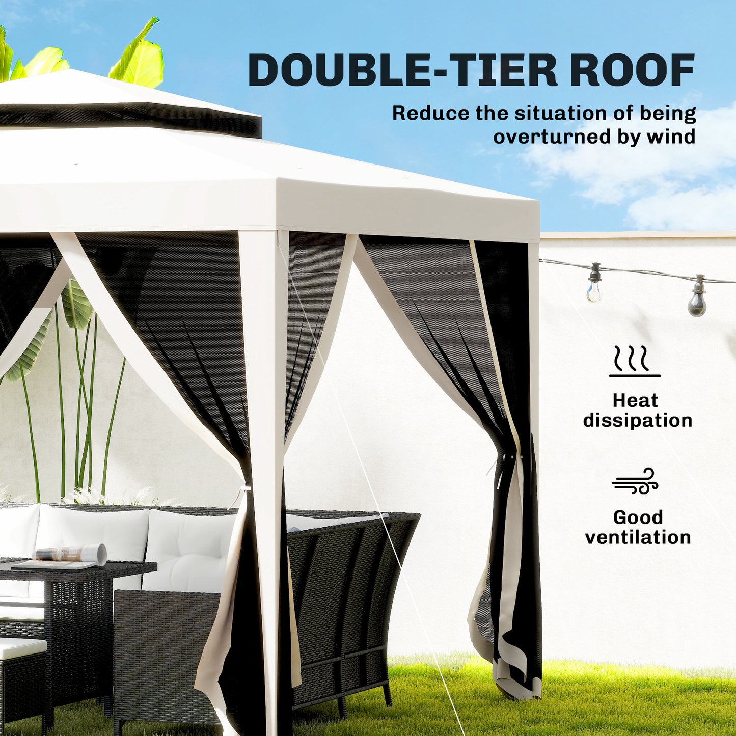 Outsunny 3 x 3 m Gazebo, Netting Party Tent, Patio Canopy Outdoor Event Shelter with Double Tier Roof, Cream White