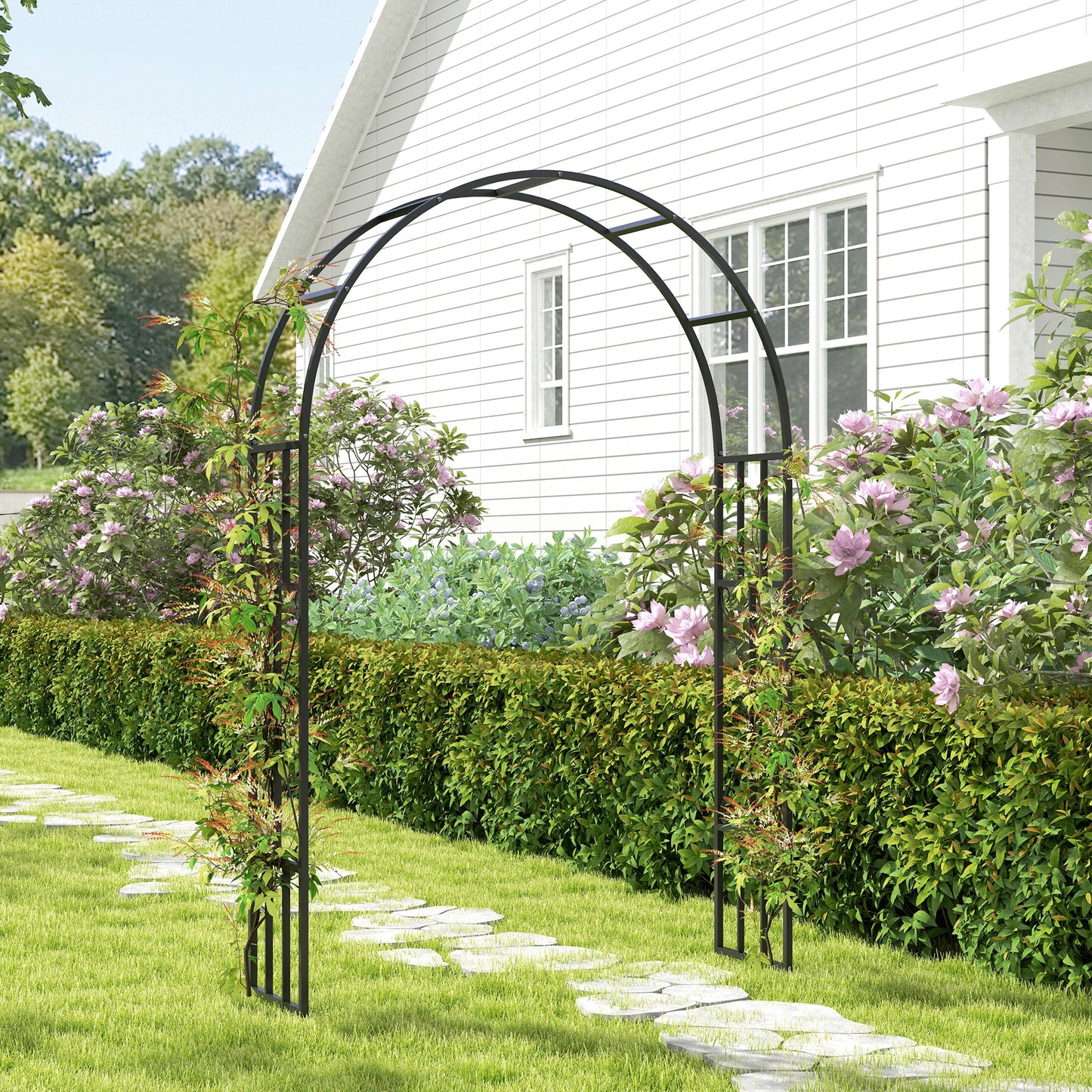 Outsunny Steel Garden Arch, Metal Trellis for Climbing Plants & Outdoor Wedding Decoration, 2.2m x 1.5m, Black