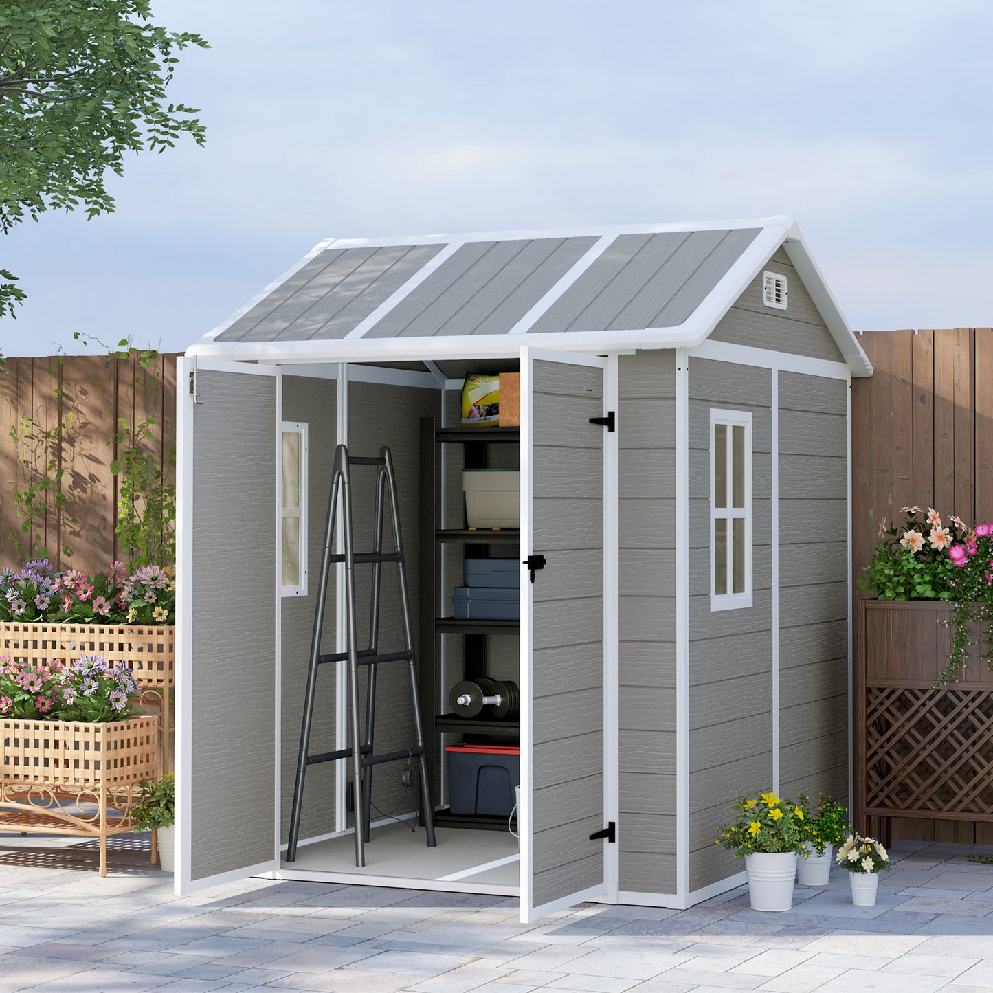Outsunny 6 x 6ft Garden Shed, Plastic Shed with Floor, Window, Lockable Doors and Vents, Wood Effect Resin Tool Shed for Outdoor Patio, Grey