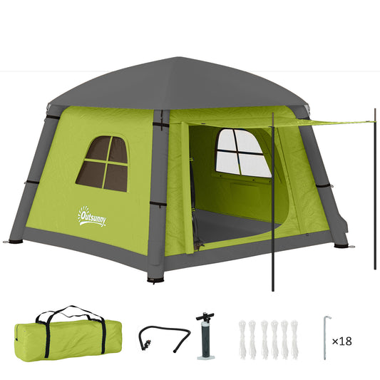 Outsunny Inflatable Camping Tent w/ Hand Pump, Easy Setup for 1-2 People, Waterproof & Windproof with Mesh Windows, Doors & Carry Bag, Green/Brown