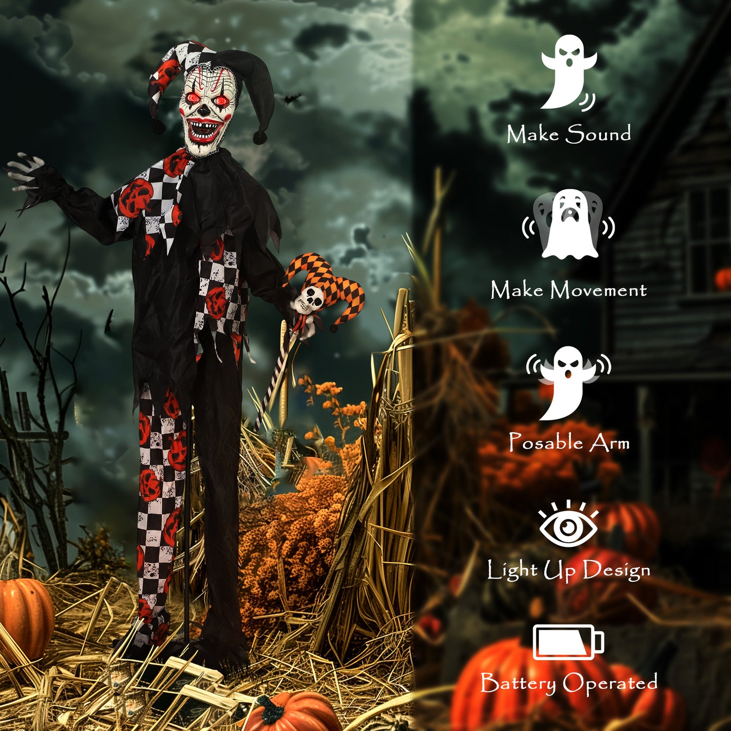 Outsunny Life Size Animated Clown & Skull Staff, Red Light Eyes, Sound-Activated Moving Arms & Head, Halloween Decor, Battery Operated, 183 cm, Red.