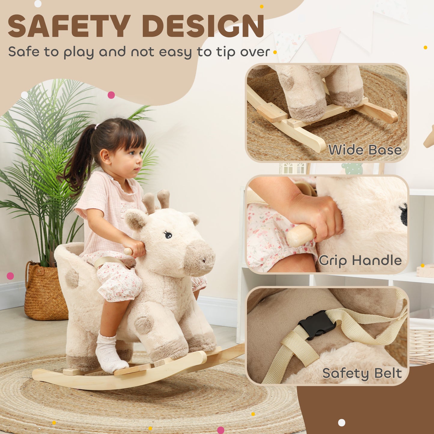 AIYAPLAY Rocking Horse, Stable Plush Ride on Horse Giraffe Design with Music, Security Belt, Baby Toy Rocker for 1-3 Years, Beige
