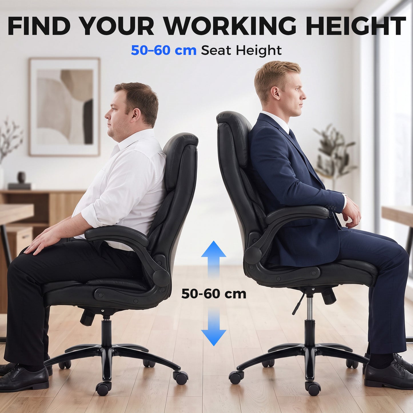 HOMCOM Office Chair, 180kg Heavy Duty PU Leather Computer Desk Chair with Flip-Up Armrests, Wide Seat, Spring Cushion, Black