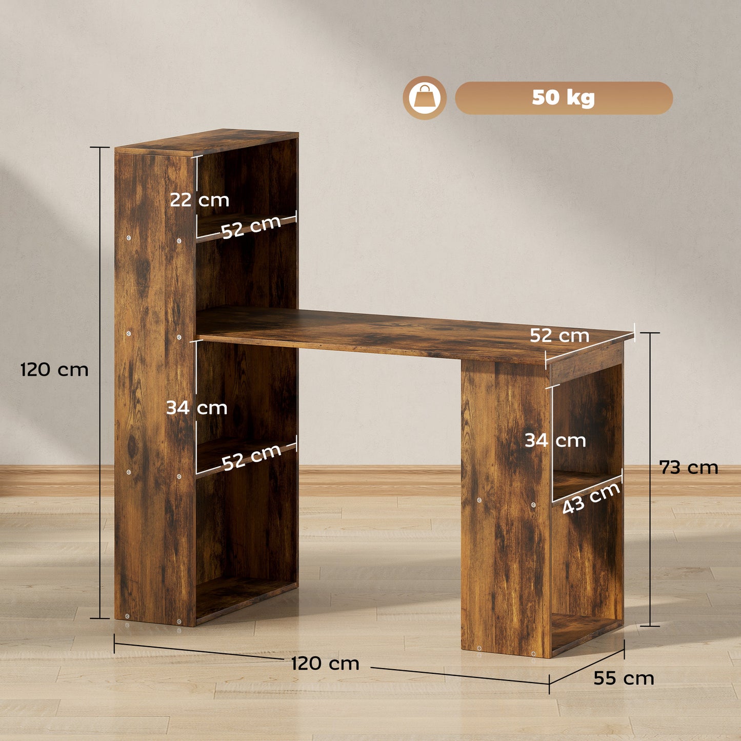 HOMCOM Computer Desk, Wooden Table with 6-Tier Storage Shelves, Home Office Study Desk, Writing Workstation, Rustic Brown Wood-Effect