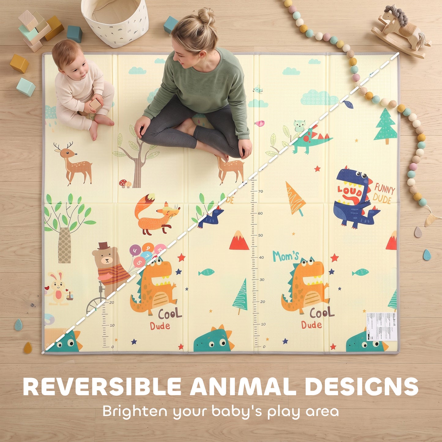 AIYAPLAY Foldable Reversible Baby Play Mat 180 x 150 cm, Waterproof, Non-Slip for Crawling and Learning, Animals & Forest Theme