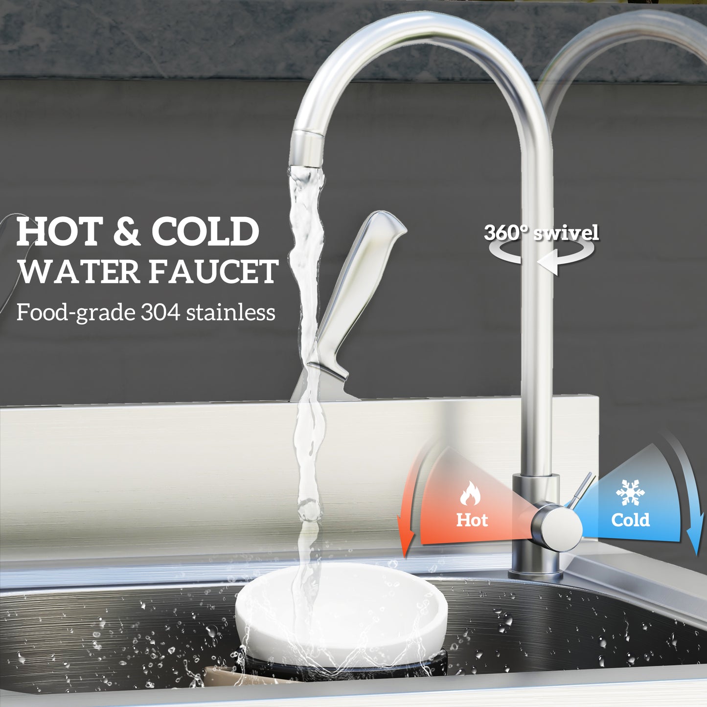 HOMCOM Outdoor Utility Sink, Stainless Steel Free Standing Single Bowl with Hot/Cold Water Pipe & Storage Shelf, 55 x 50 x 100 cm, for Laundry/Garage