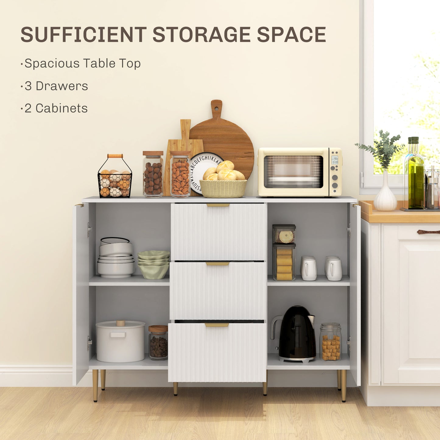 HOMCOM Sideboard Buffet Cabinet, Modern Kitchen Storage with 3 Drawers & Adjustable Shelves, White