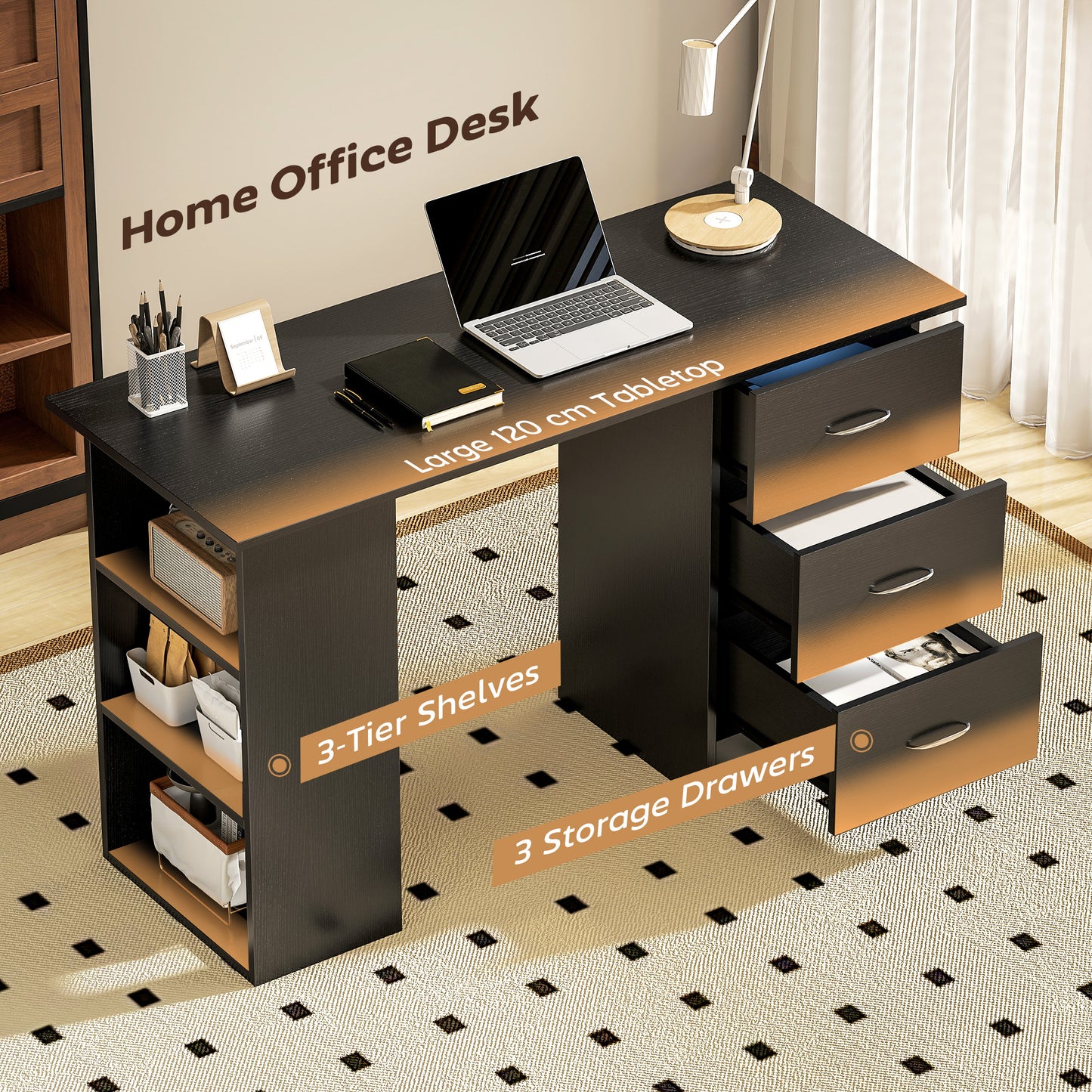 HOMCOM Computer Desk with Shelves & Drawers Black