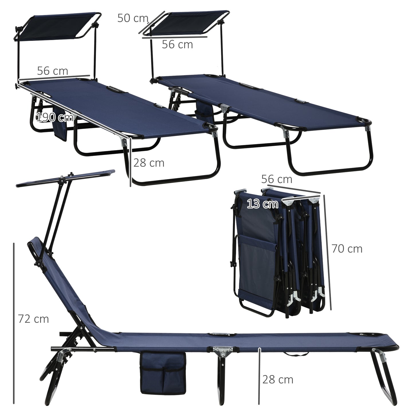 Outsunny 2 Piece Folding Sun Loungers, Adjustable Garden Recliner Chairs with Canopy, Dark Blue