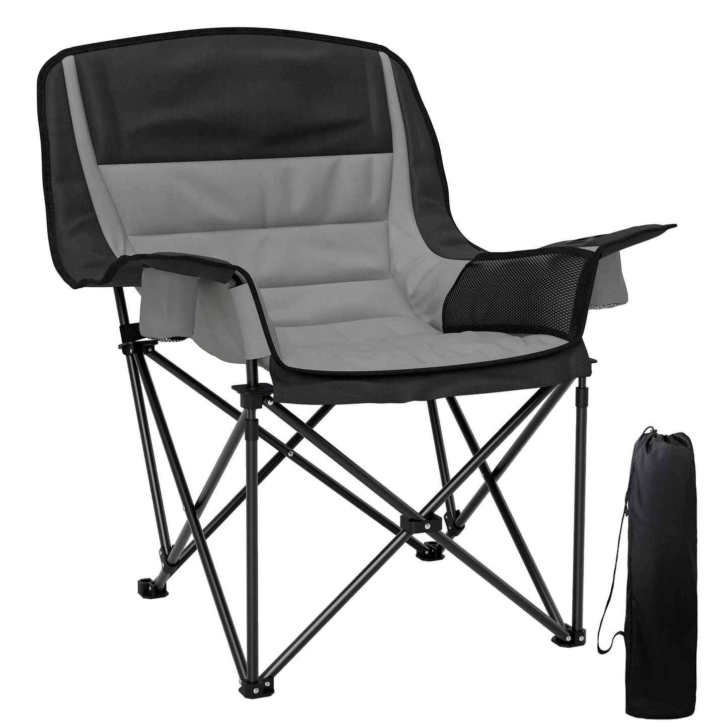 Outsunny Folding Camping Chair, Portable Padded Chair with Cup Holders, Side Pockets, Carry Bag for Picnic, Hiking, Fishing, Grey