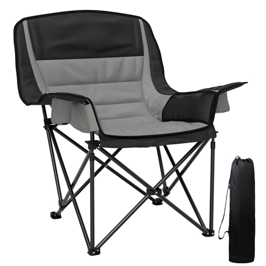 Outsunny Folding Camping Chair, Portable Padded Chair with Cup Holders, Side Pockets, Carry Bag for Picnic, Hiking, Fishing, Grey