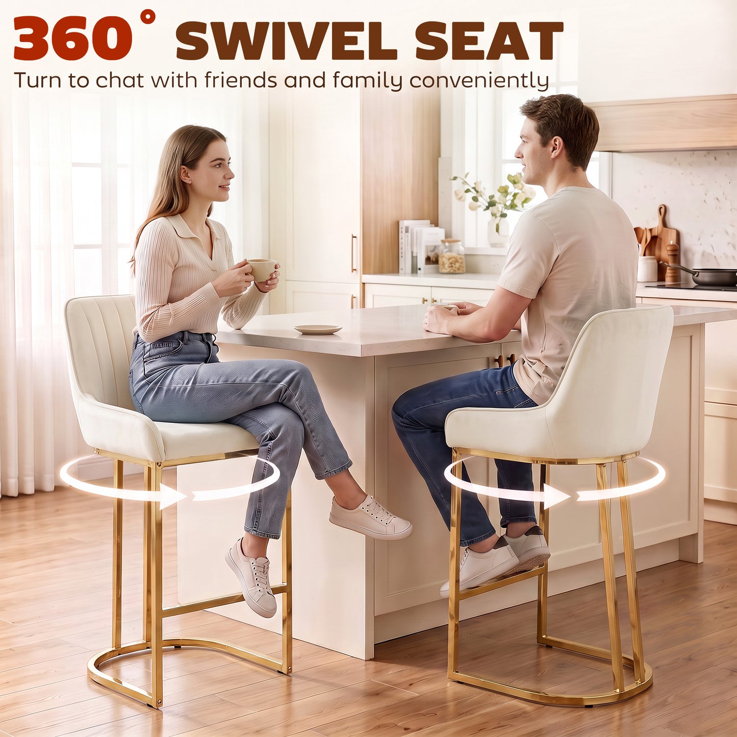 HOMCOM Bar Stools Set of 2 with Backrest, Footrest, Gold Electroplated Legs for Kitchen Island, Dining Room, Cream White