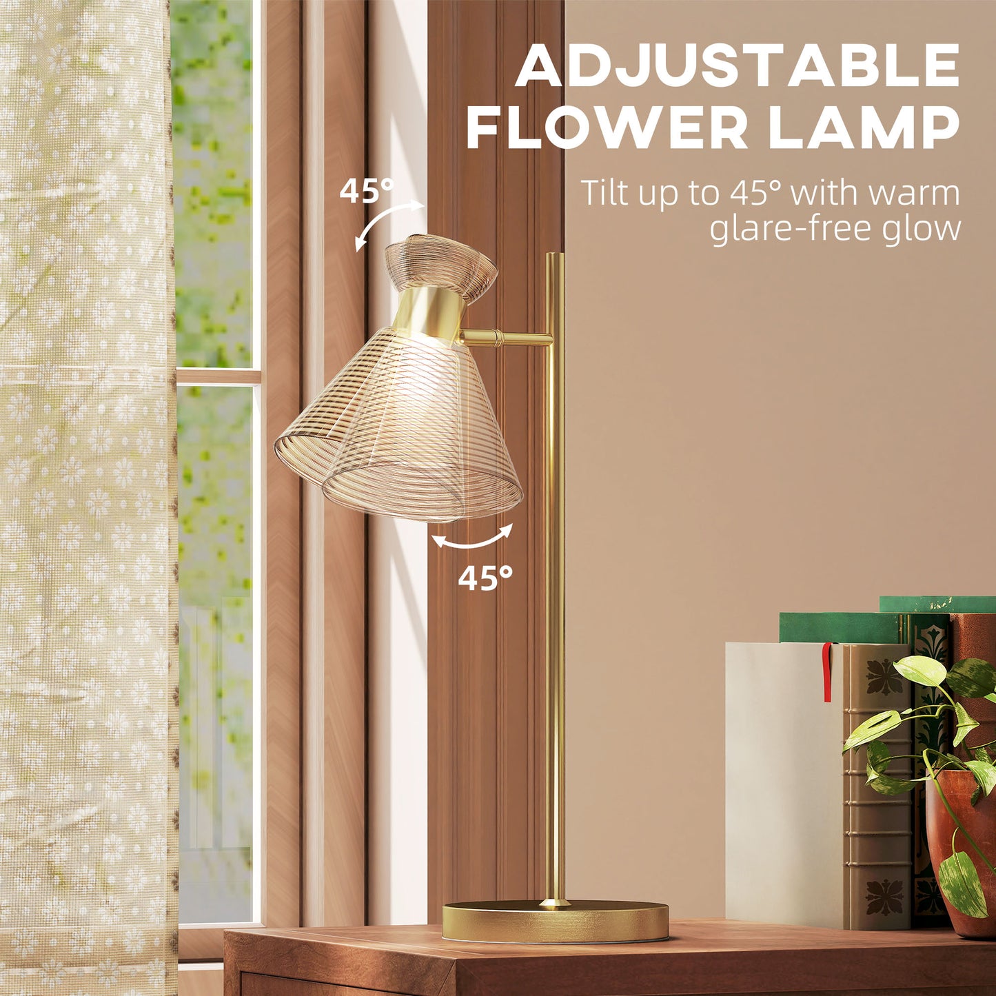 HOMCOM Modern Table Lamp, Adjustable Flower-Shaped Head, E27 Socket for Living Room Bedroom Study, Bulb Not Included, Gold Tone