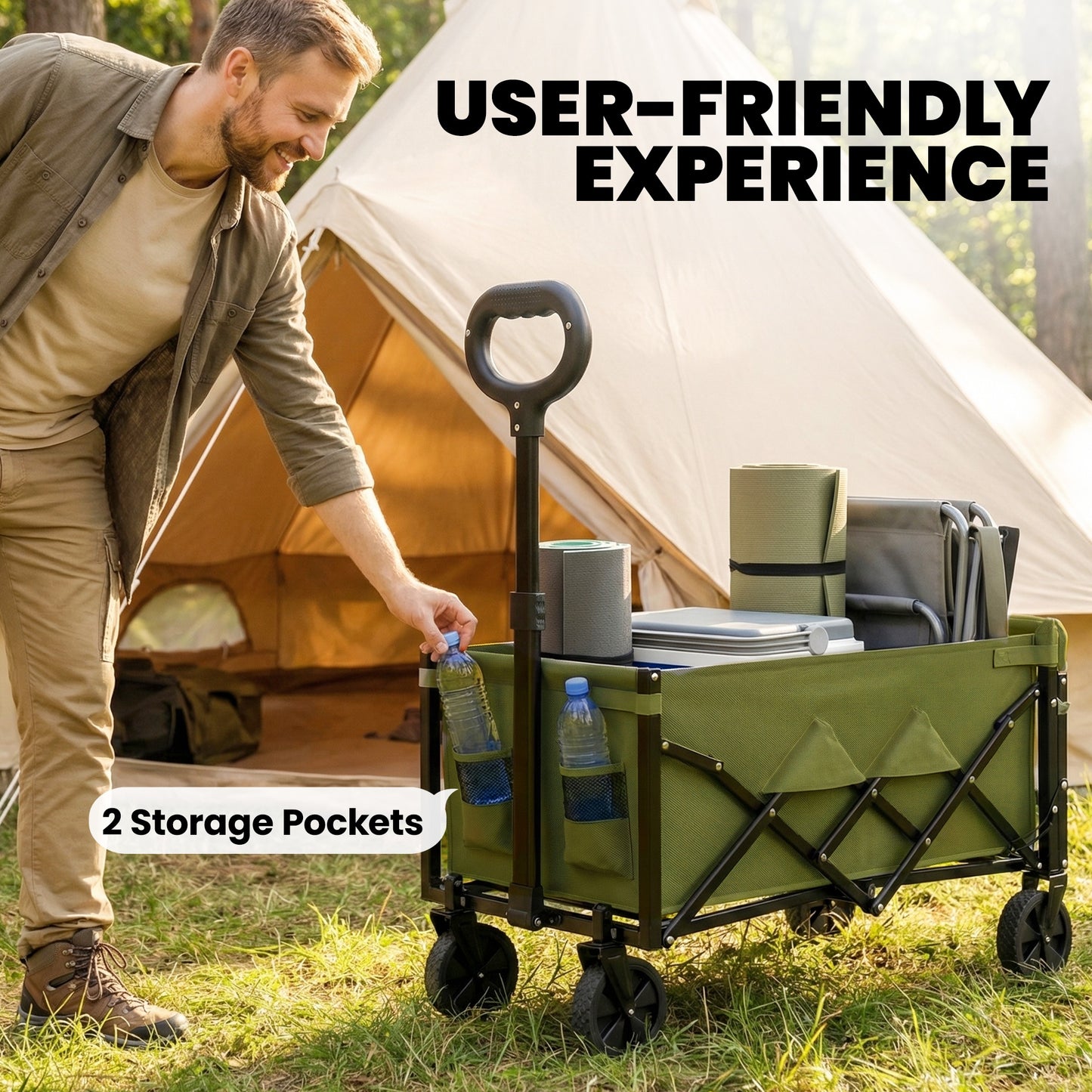 Outsunny 80L Foldable Festival Trolley on Wheels, Collapsible Wagon Cart with Drop-Down Tailgate, Adjustable Handle, Green