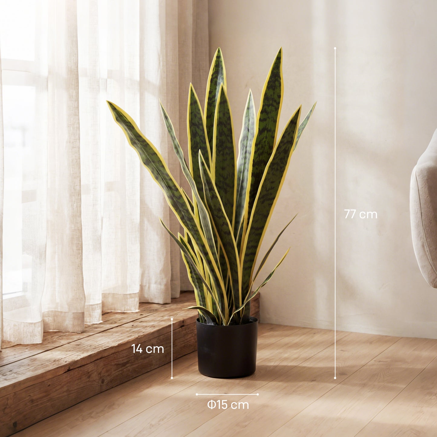 Outsunny Artificial Snake Plant 21 Variegated Leaves Fake Plant in Pot Indoor Outdoor Decor Green
