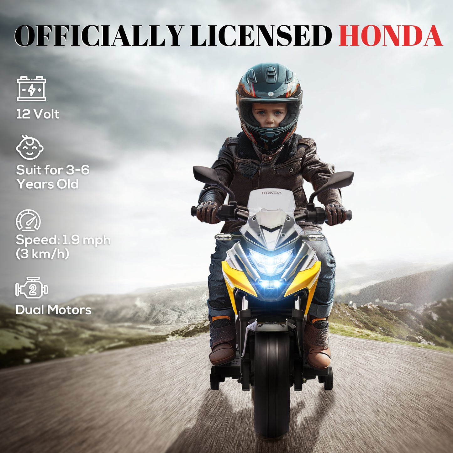 AIYAPLAY 12V Honda Licensed Kids Electric Motorbike w/ Music, Headlights, Early Education Function, for 3-6 Years - Yellow