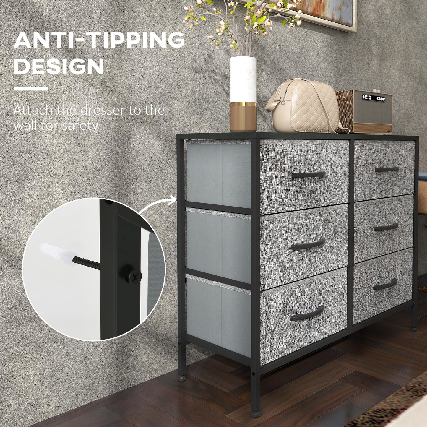 HOMCOM Industrial Dresser with 6 Fabric Drawers, Steel Frame & Wooden Top for Nursery, Living Room, Hallway, Black