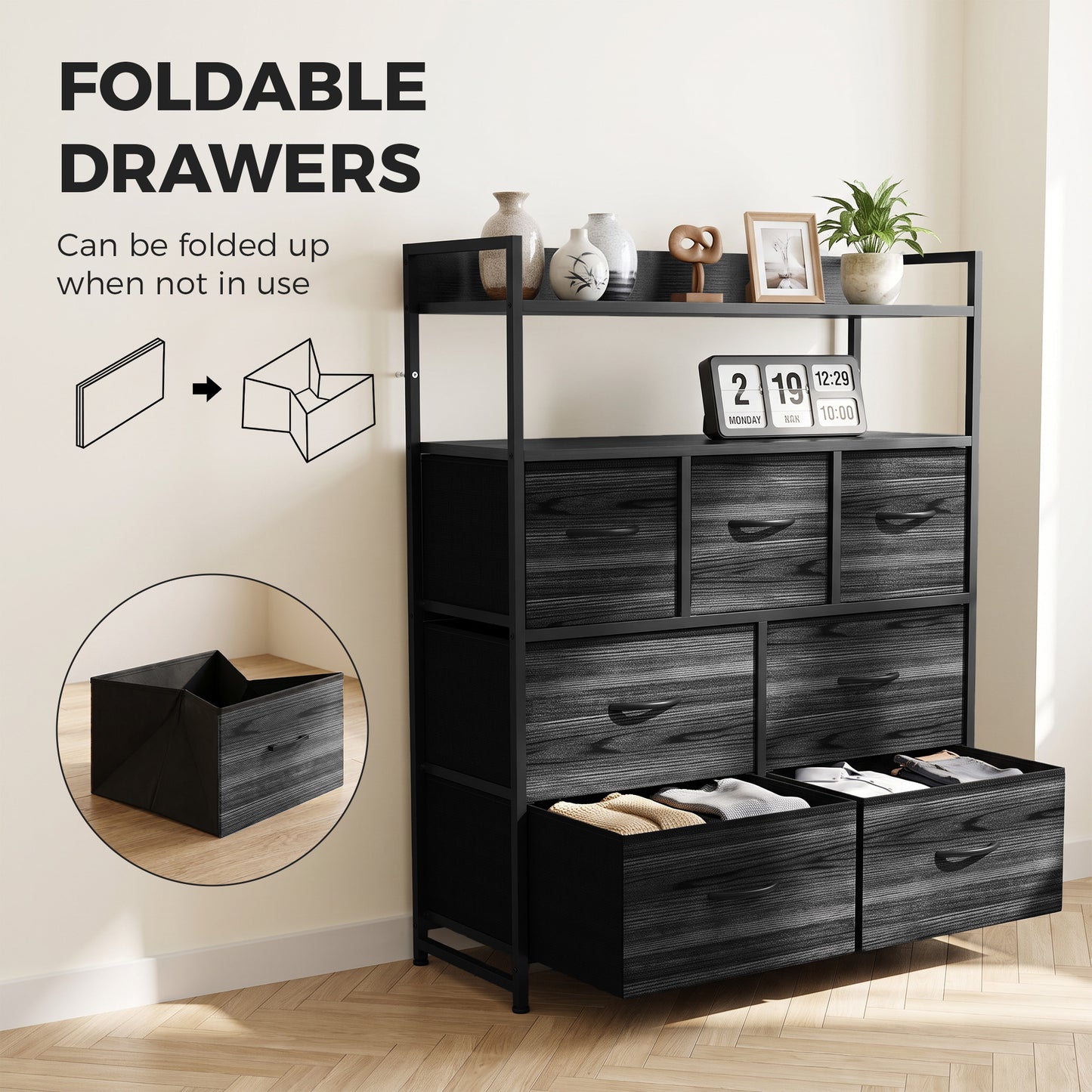 HOMCOM Chest of Drawers, Bedroom Fabric Dresser with 7 Drawers, Storage Organiser Unit with Open Shelves, Black Wood-Effect