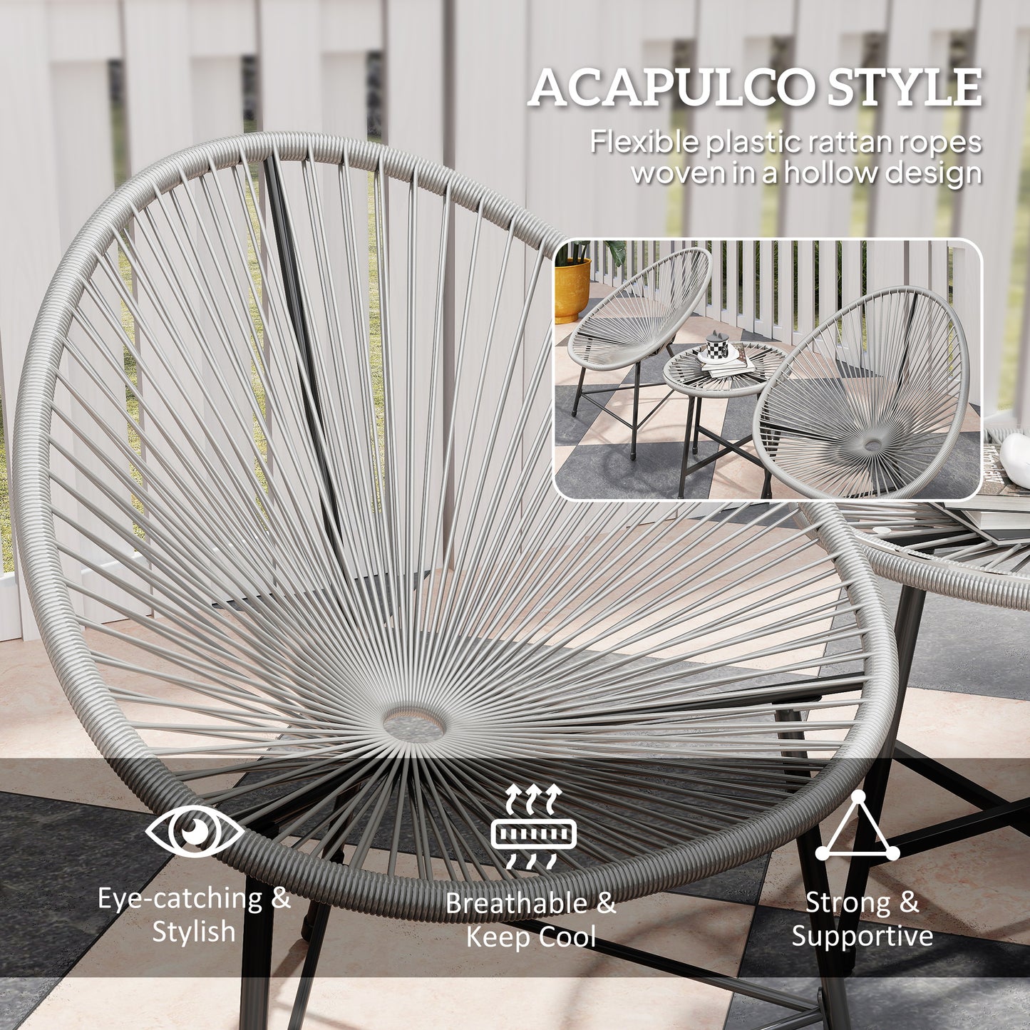 Outsunny 3 Piece Rattan Bistro Set, Garden Furniture with Acapulco Chairs & Glass Table, Reinforced Metal Frame, Outdoor/Patio/Balcony, Grey