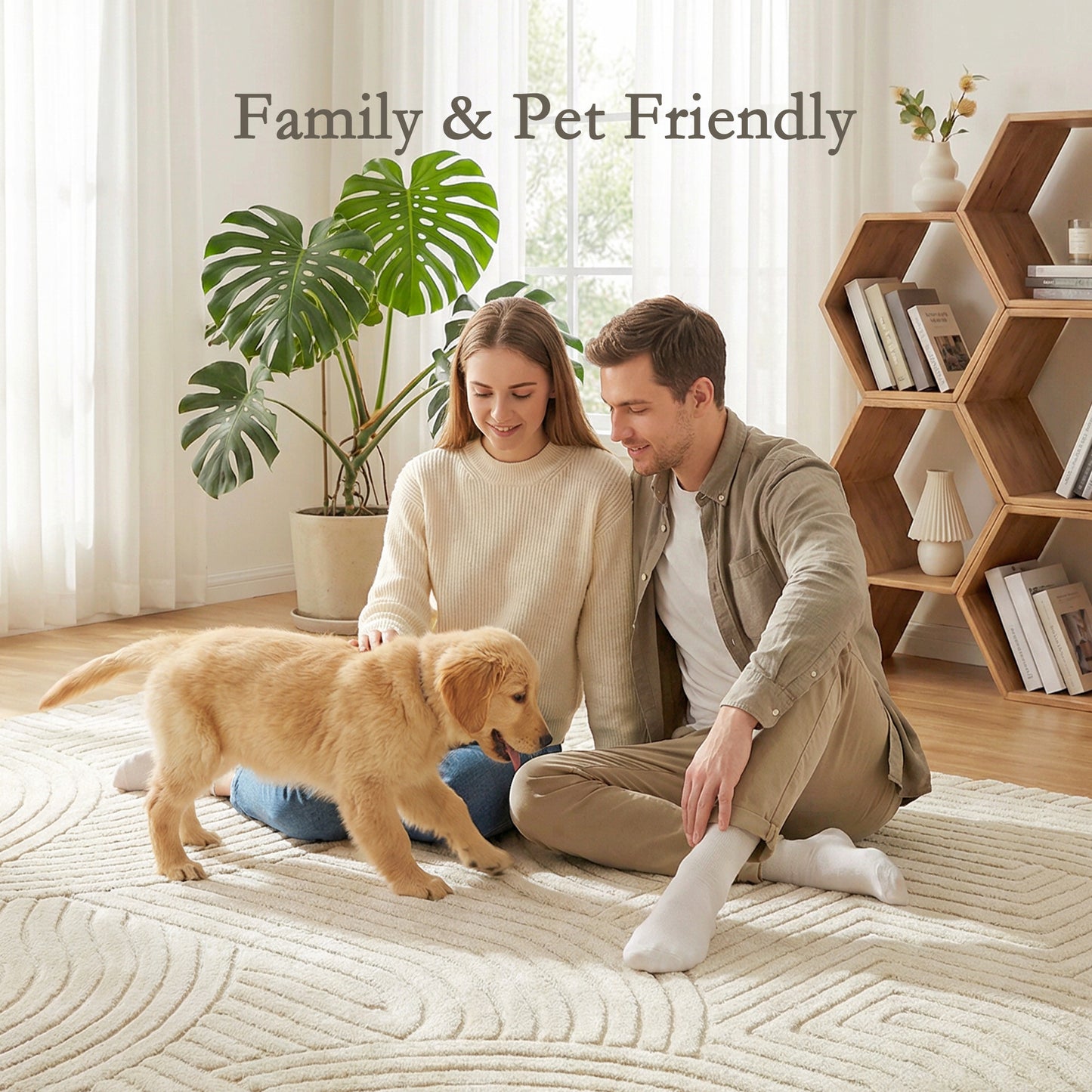 HOMCOM Modern Geometric Rug, Thick & Plush, Non-Slip, 200 x 140 cm – Cream, Living Room/Bedroom/Office