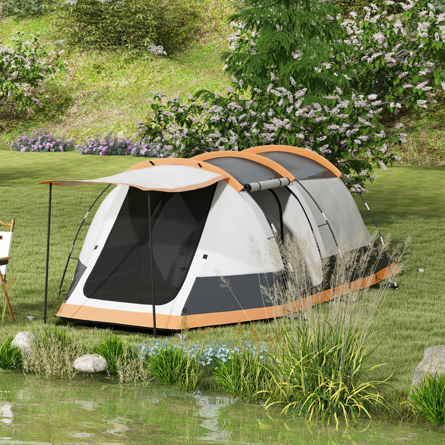 Outsunny 3-4 Man Camping Tent Family Tunnel Tent 2000mm Waterproof Portable with Bag Orange