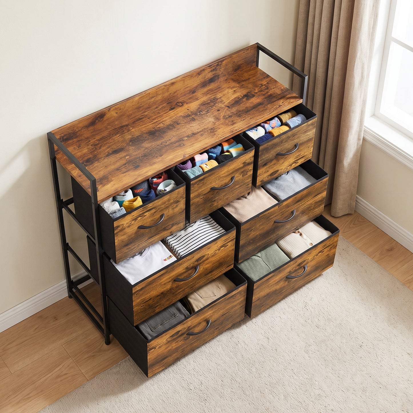 HOMCOM Chest of Drawers with 7 Drawers, Industrial Fabric Storage Unit with Top Shelf and Steel Frame for Bedroom, Rustic Brown