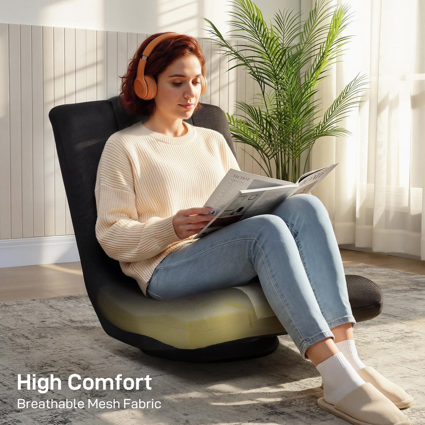 HOMCOM Floor Chair, Folding Floor Sofa with Adjustable Backrest, Wide Seat, Swivel Base, Black