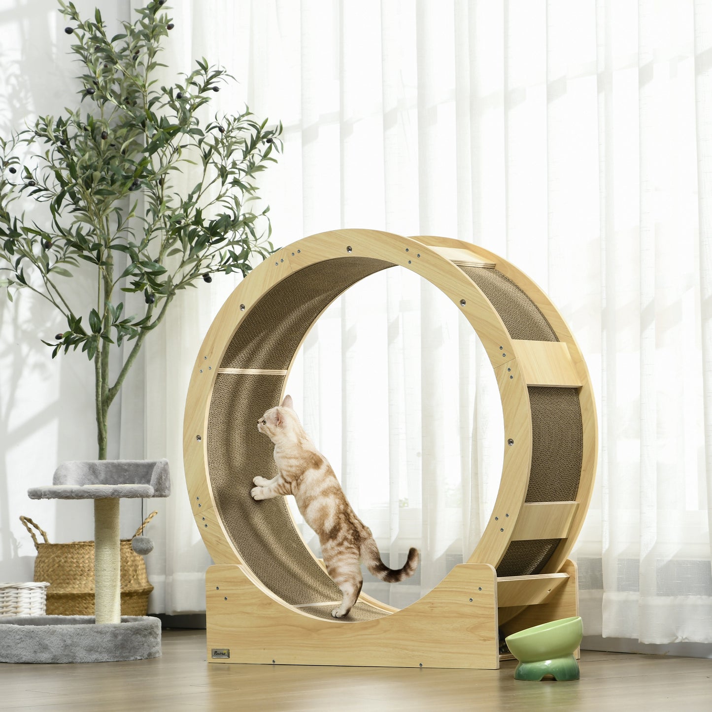 PawHut Cat Wheel with Brake Scratching Pads Oak
