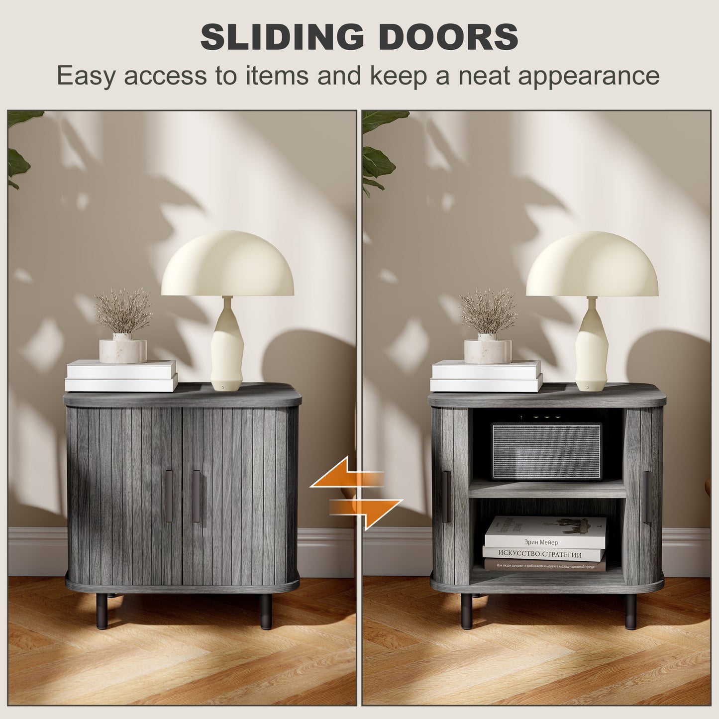 HOMCOM Bedside Table, Nordic Side Table with Roller Shutter Style Sliding Doors and Metal Legs for Bedroom, Living Room, Grey
