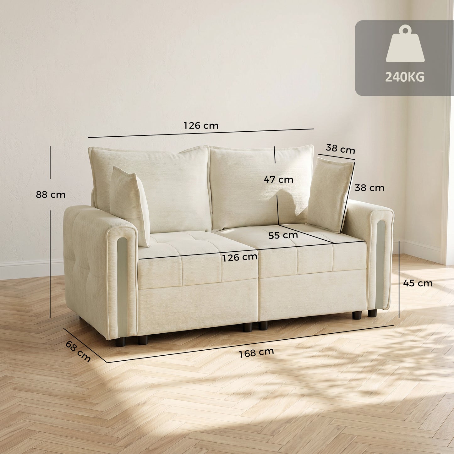 HOMCOM 2 Seater Sofa with Lift-Up Storage, 168 cm Comfy Velvet Small Couch with Wide Deep Seat Beige