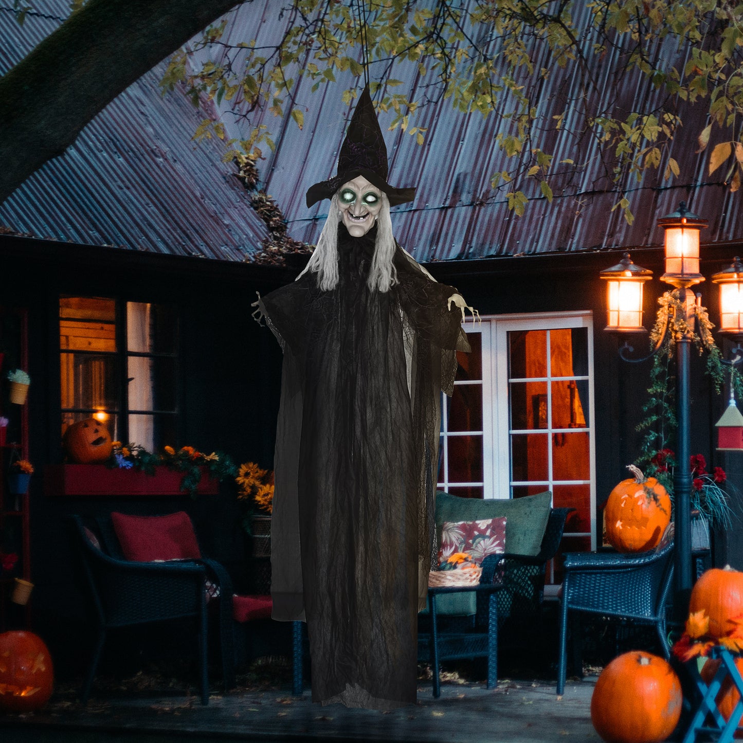 HOMCOM 6ft Outdoor Halloween Witch Prop, Life-Size with Sound & Motion Activation, Light-Up Eyes, Talking Sound, Posable Arms, Black