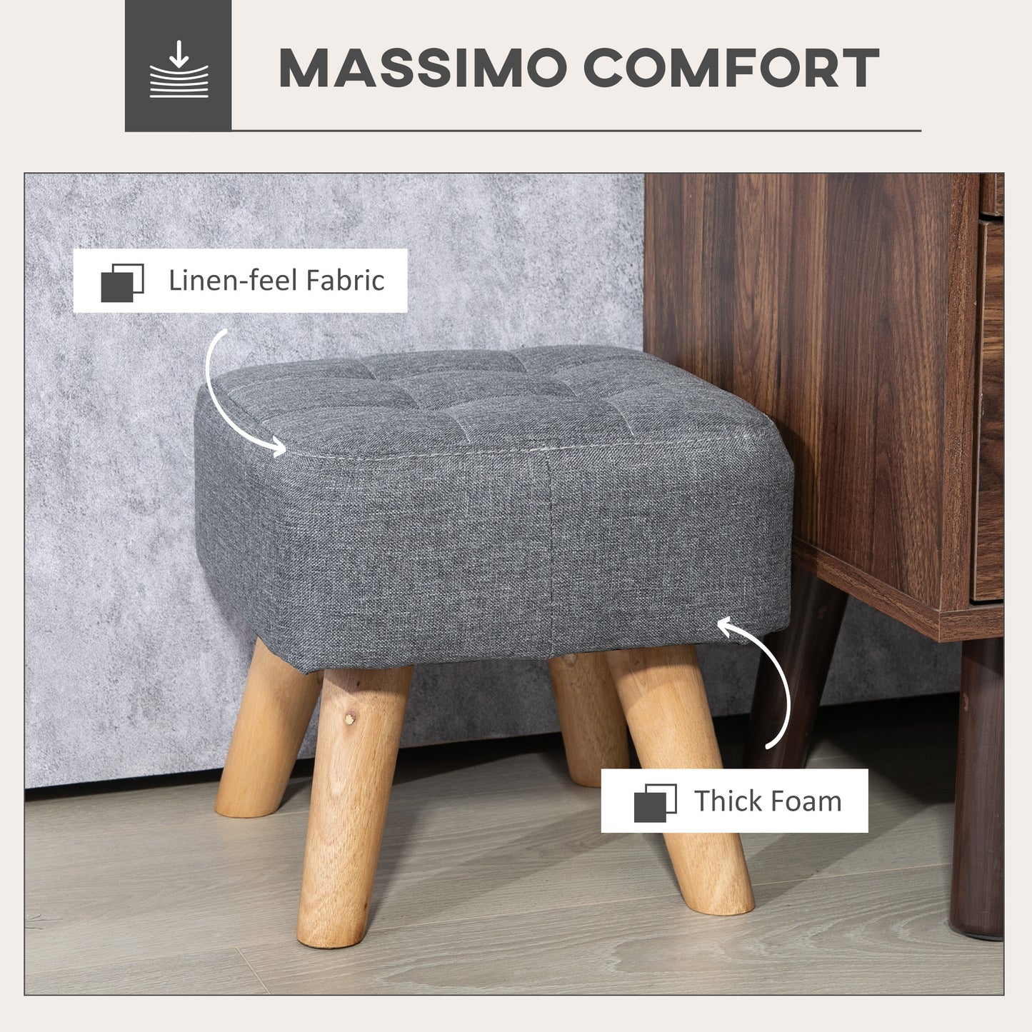 HOMCOM Modern Tufted Footstool, Fabric Foot Stool with Rubber Wood Legs, Padded Seat, for Living Room, Bedroom, Entryway, Grey