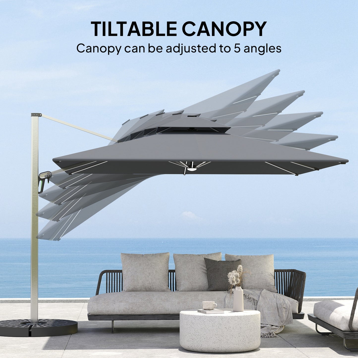 Outsunny 3(m) Garden Cantilever Parasol with Solar LED Lights, Cross Base, 360° Rotation, Crank Handle and Tilt, Grey