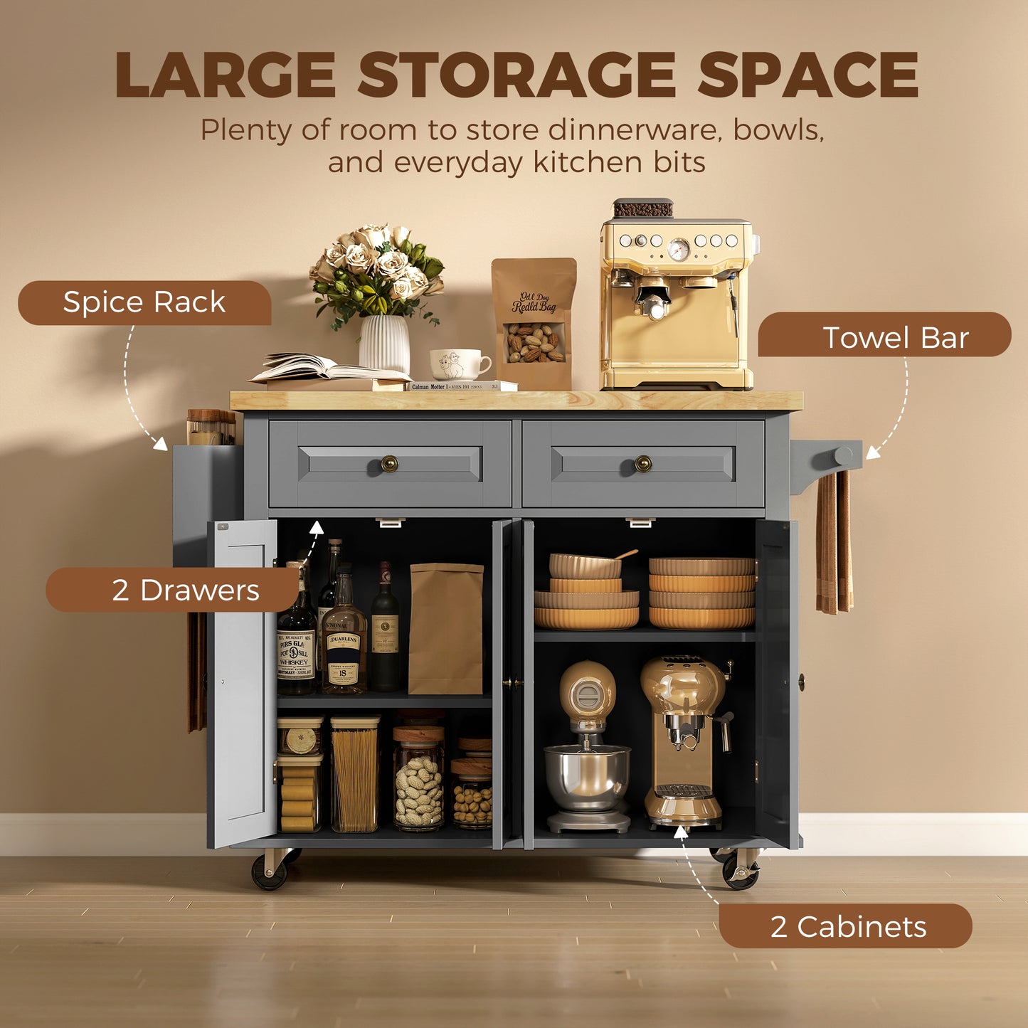 HOMCOM Kitchen Island on Wheels, Rolling Kitchen Trolley with Rubberwood Top, 2 Drawers, Adjustable Shelves, Grey