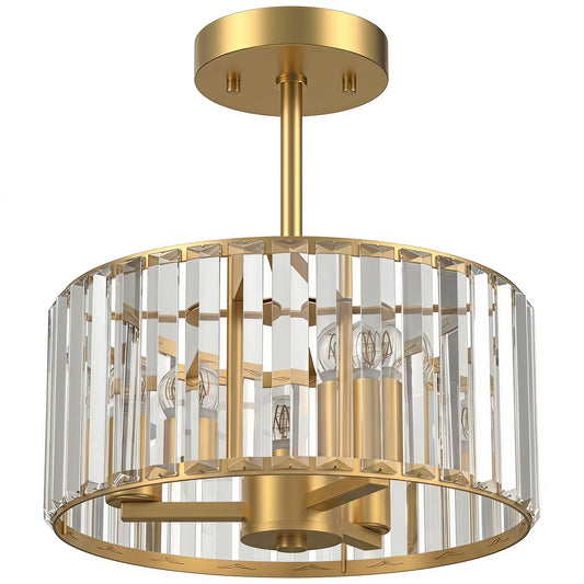 HOMCOM Semi Flush Mount Modern Crystal Chandelier Ceiling Light, Crystal Ceiling Light Fixture with E14 Base, Gold
